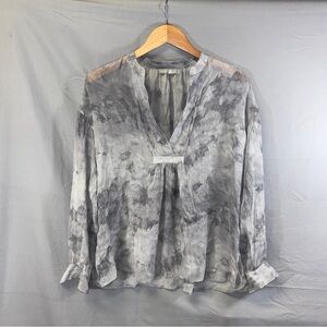 Vince Shirt Womens Small Gray Tie Dye Silk Split Neck Long Sleeve Blouse